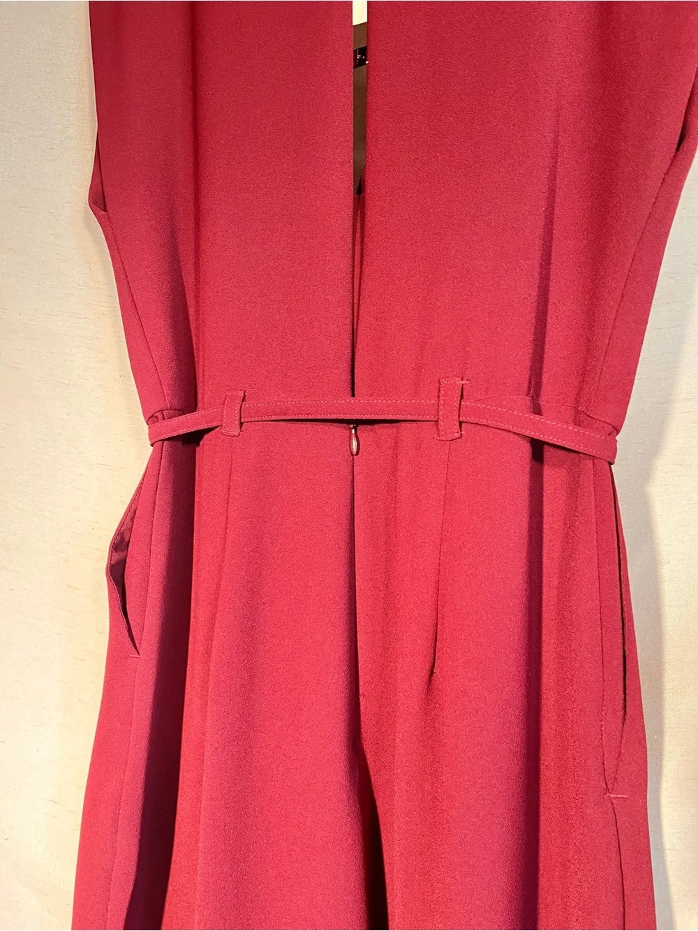 Zara Wide-Leg Belted Jumpsuit Maroon Size Small Elegant V-Neck Wide Leg - Picture 11 of 16